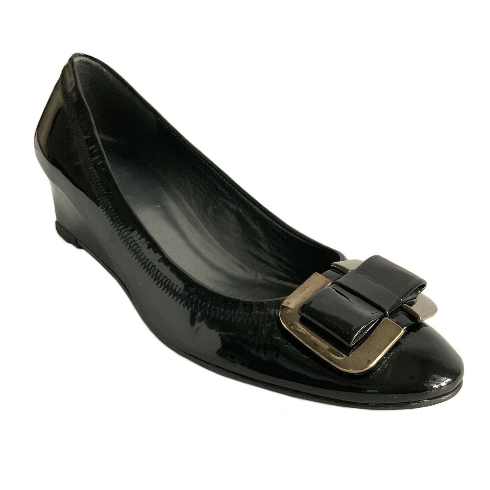 Stuart Weitzman Patent Leather Bow Front Wedge Black 7